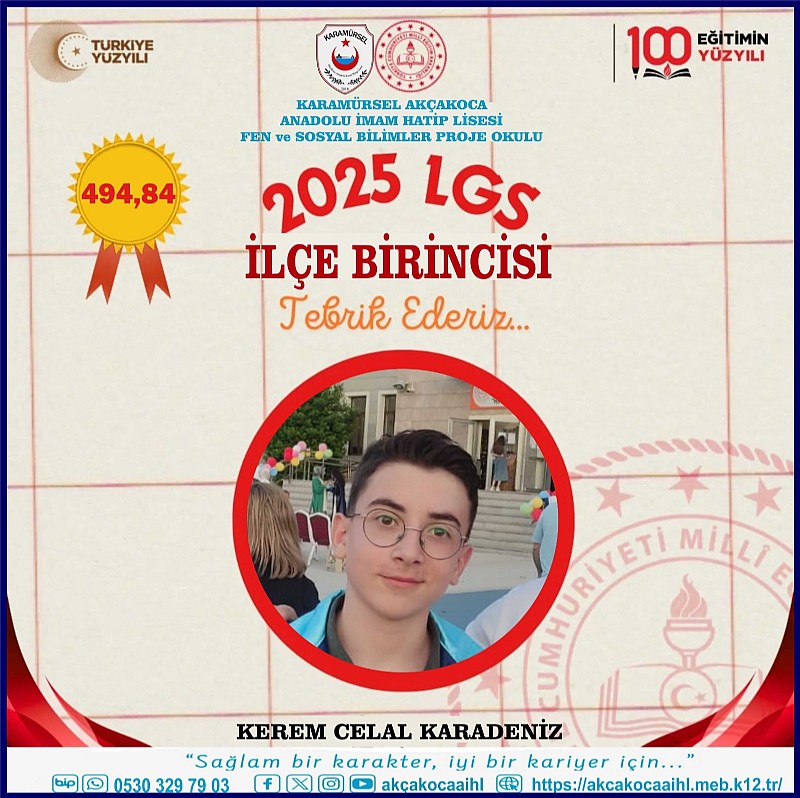 LGS 2025 Karamürsel İlçe Birincisi Karamürsel Akçakoca Anadolu İmam Hatip Lisesi Fen ve Sosyal Bilimler Proje Okulundan Çıktı