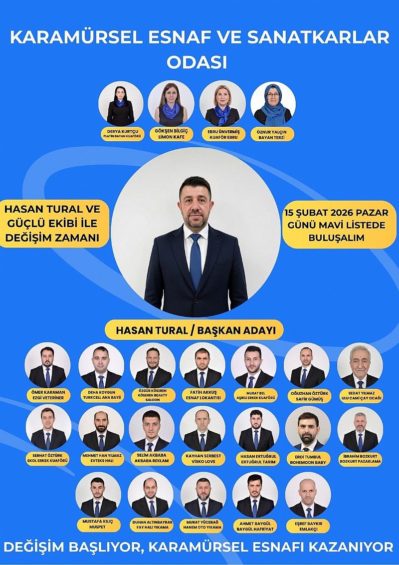 Karamürsel Esnaf ve Sanatkarlar odası Başkan Adayı Hasan Tural “ Yarınki Genel Kurulumuzda İlçe Esnafımızı Mavi Oy Pusulasına Davet Ediyorum.”